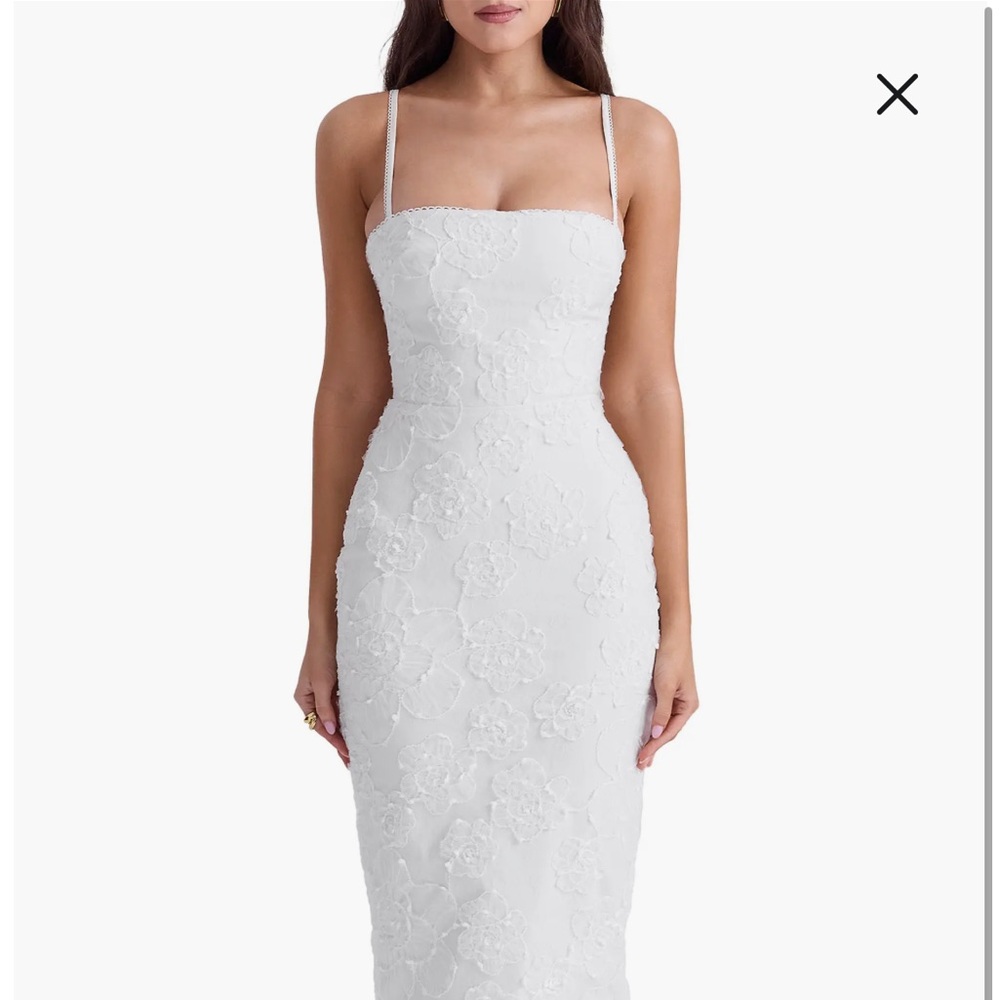 House of CB White Strapless Floral Lace Midi Dress